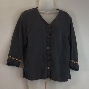 Russ Berens Woman's Button-Up Black Linen Blouse with Embroidered Cuffs Size -L